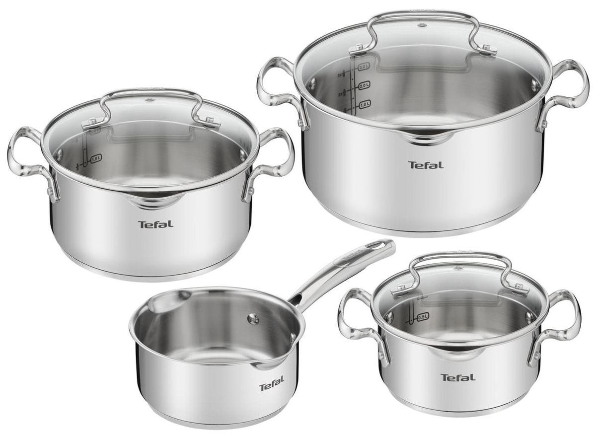 Tefal Duetto+ 4-teiliges Kochset aus Edelstahl, Kochtopf 16 cm und Töpfe mit 16, 20 und 24 cm, geeignet für alle Herdarten.