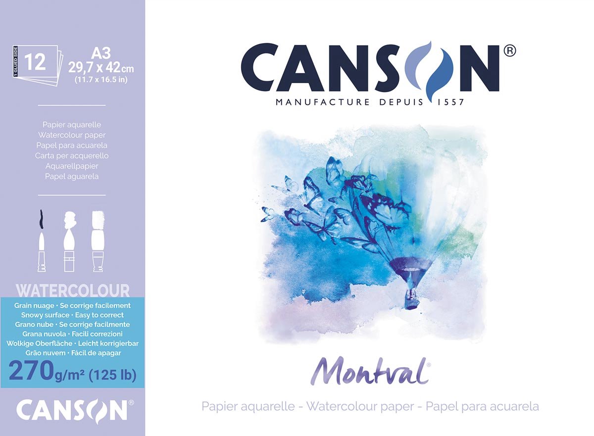 Canson Montval Aquarellpapier, weiß mit grober Körnung, 270 g/m², ft A3, Block mit 12 Blatt