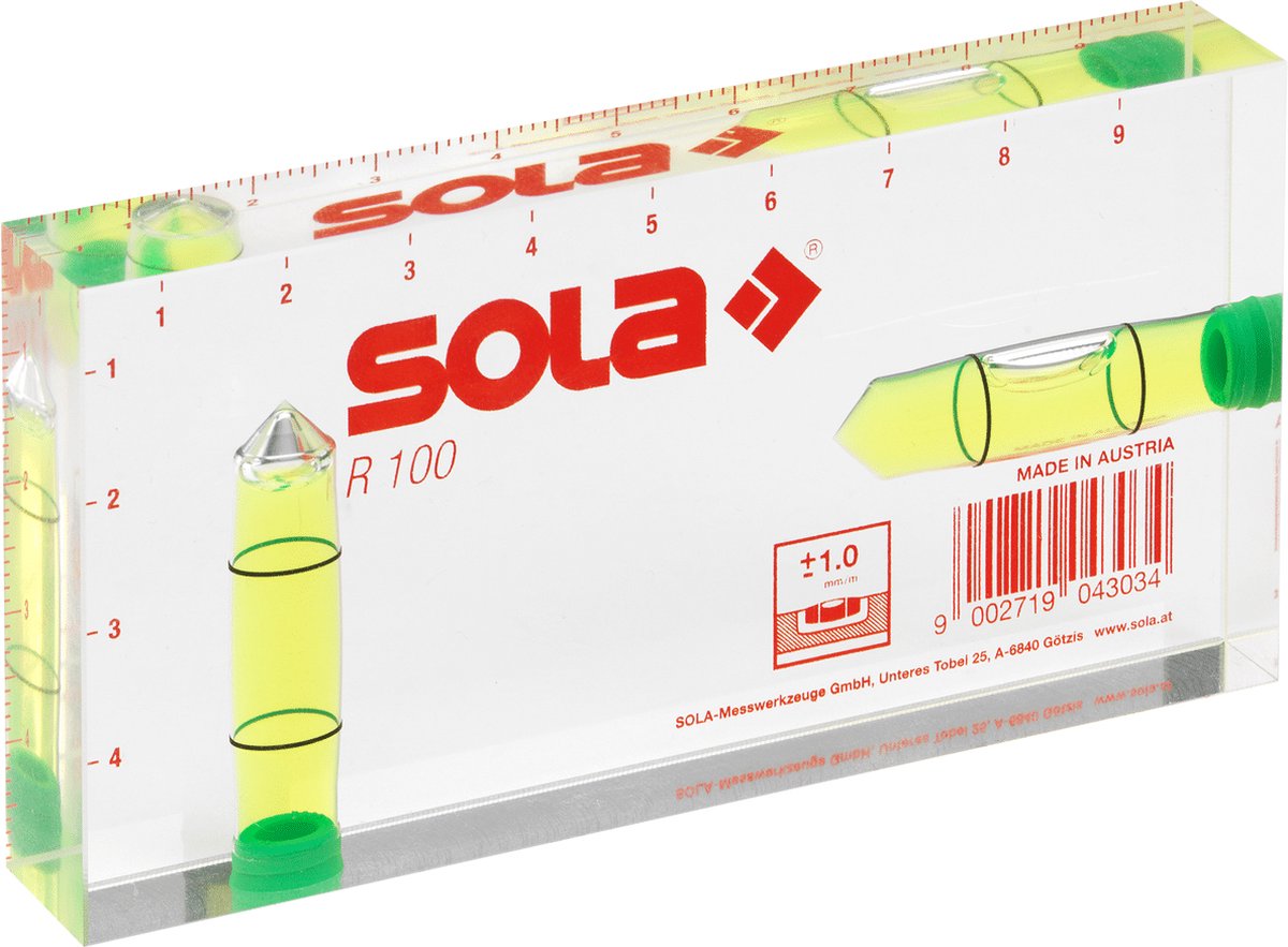 Sola R100 Architekten-Wasserwaage – 100 x 50 x 15 mm – 01622101 – bis 0,25 m – rot
