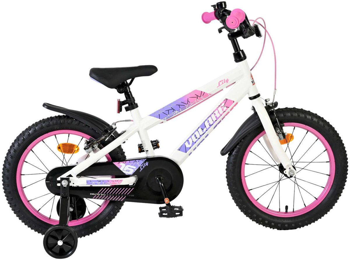 Volare Lily Kinderfahrrad – Mädchen – 16 Zoll – Weiß Rosa Lila – Zwei Handbremsen
