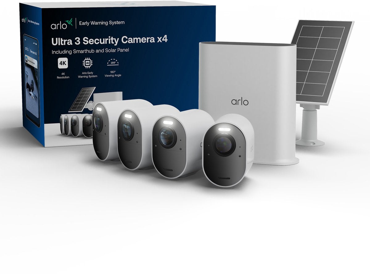 Arlo Ultra3 4K-Überwachungskamera + Solarpanel – 4-Kamera-Set (inkl. Smart Hub)