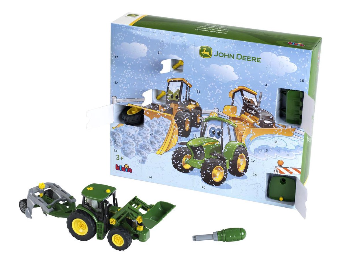 Klein Toys John Deere Adventskalender – 24 Türen – Baukasten 6215 R Traktor – Grün Gelb