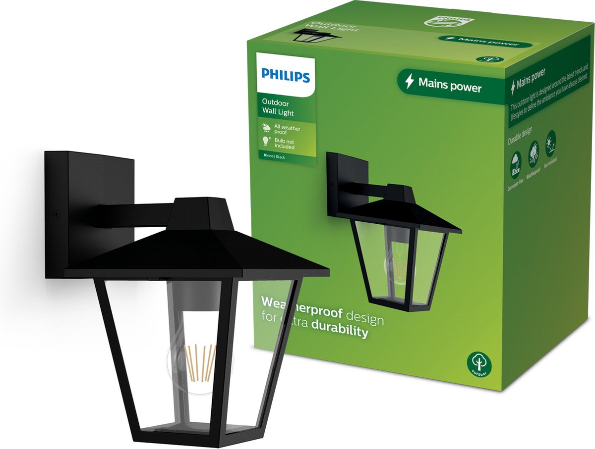 Philips led philips kinno wandlamp - buitenlamp - zwart - e27 fitting - maximaal 25w - weerbestendig; ip44 - hangende wandlamp