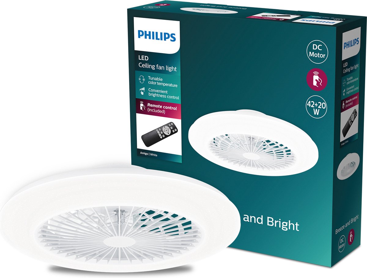 Philips led philips amigo ventilator - energiezuinige led verlichting - plafondlamp - instelbare kleurtemperatuur - 48,5 cm diameter -afstandsbediening - wit