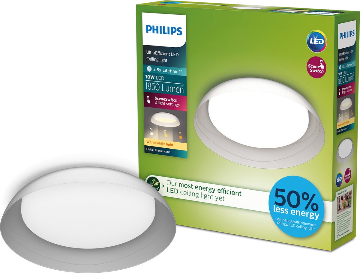 Philips led philips fleta plafondlamp - ultra efficient - sceneswitch lichttechnologie - 10w - warmwit licht - transparant design - bespaar op energiekosten