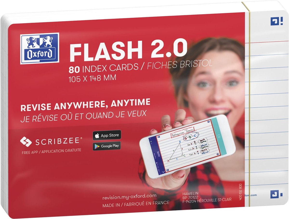 Oxford flash 2.0 - flashcards - gelijnd - a6 - wit - 80 stuks