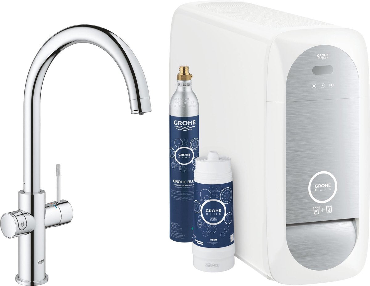 Grohe Blue Home Duo Küchenarmatur – mit Bluetooth und WLAN – Starter-Set – C-Auslauf – Chrom – für gereinigtes, gekühltes und sprudelndes Wasser