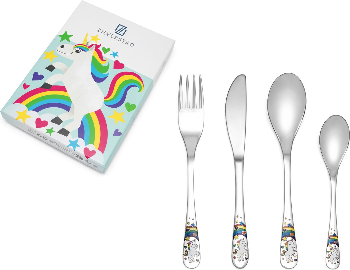 Zilverstad - kinderbestek unicorn eenhoorn 4-delige set rvs 18 10
