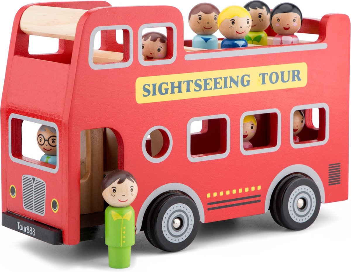 Woet ® houten city tour bus - dubbeldekker bus met chauffeur en 8 passagiers - speelgoedvoertuig met poppetjes - rollenspel speelgoed - vanaf 18 maanden