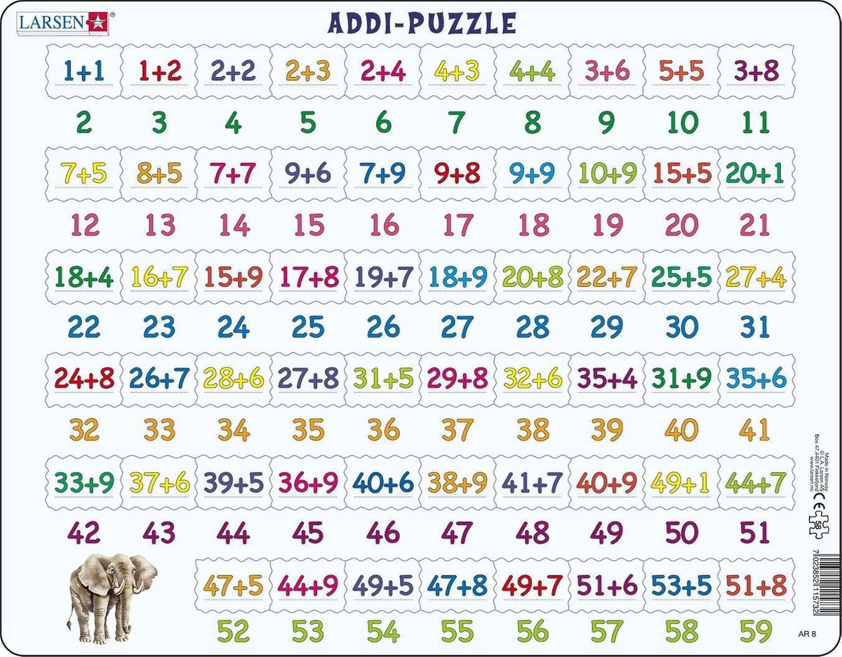 Larsen Addition – Puzzle – Zählen lernen – Addition – Lernpuzzle für Kinder – 58 Teile – hergestellt in Norwegen – extra dicke 2,5 mm Teile – Tablett mit festem Rand