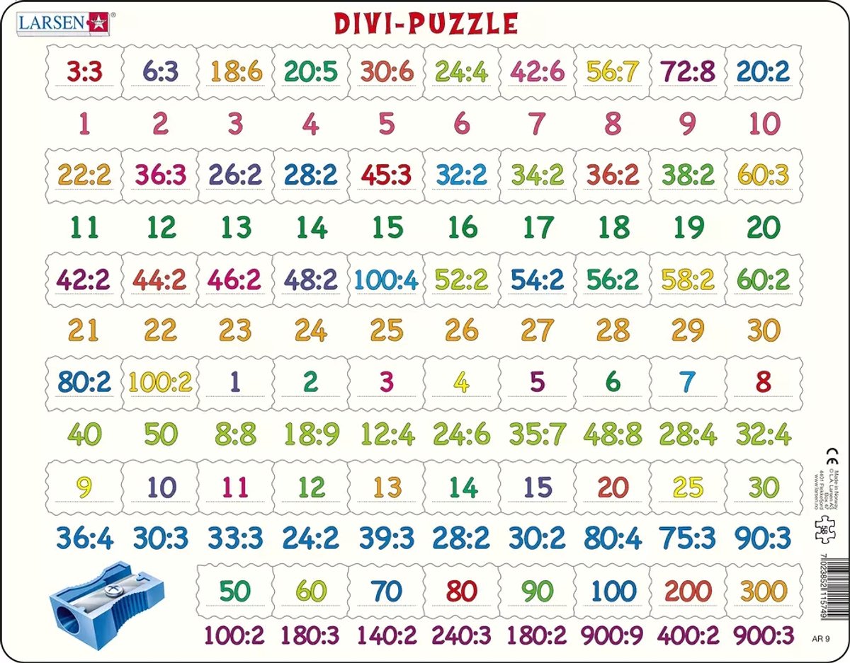 Larsen-Teile – Puzzle – Zählen lernen – Teilen – Lernpuzzle für Kinder – 58 Teile – hergestellt in Norwegen – extra dicke 2,5-mm-Teile – Tablett mit festem Rand