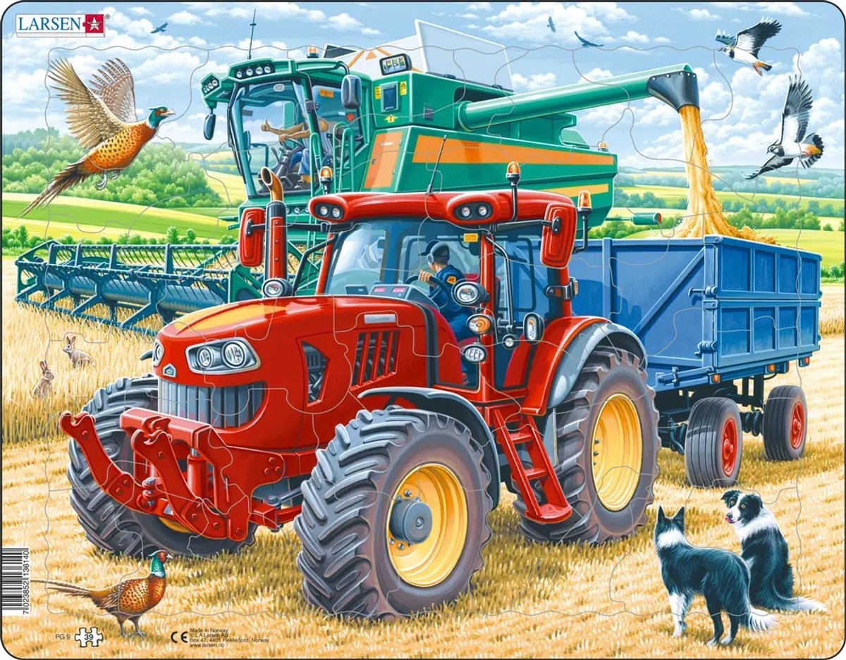 Larsen tractor en maaidorser – puzzel – boerderij – landbouwmachines – educatieve legpuzzel voor kinderen – 39 stukjes – gemaakt in noorwegen – extra dikke 2,5 mm stukjes – tray met vaste rand