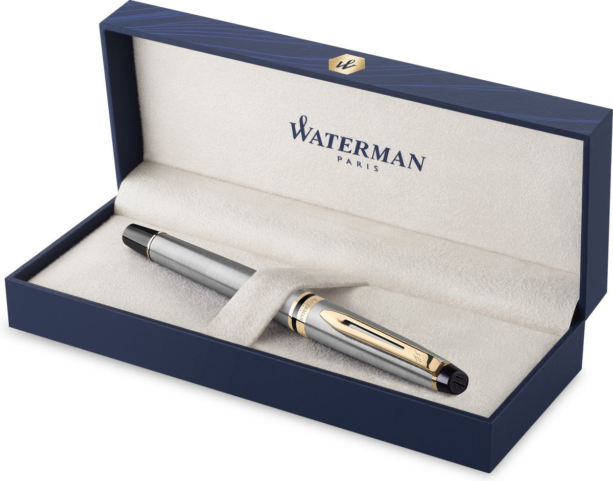 Waterman Expert Füllfederhalter | Edelstahl mit 23-Karat-Goldbesatz | feiner Punkt | Geschenkverpackung