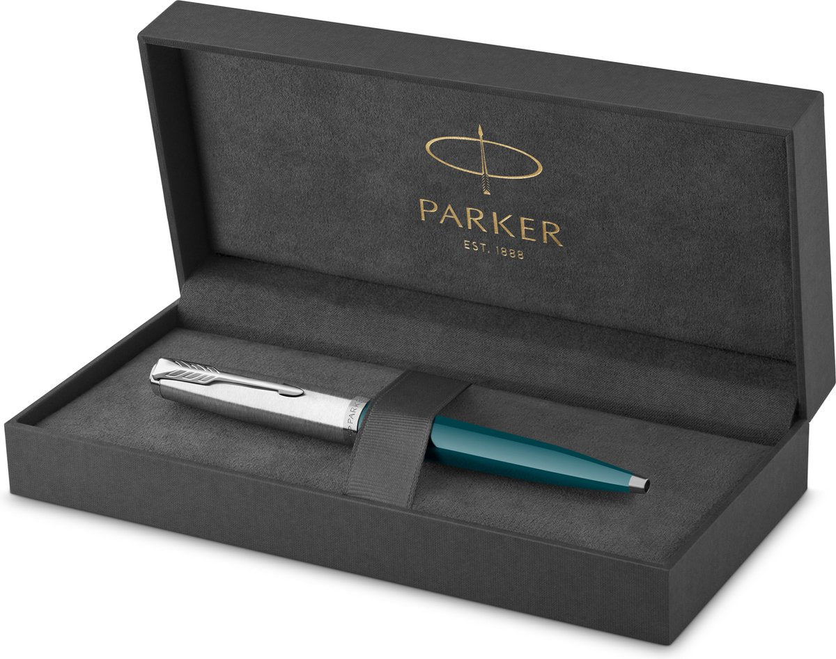 Parker 51 Kugelschreiber | grünblaues Gehäuse mit Chromfinish | mittlere Spitze mit schwarzer Tinte | Geschenkverpackung