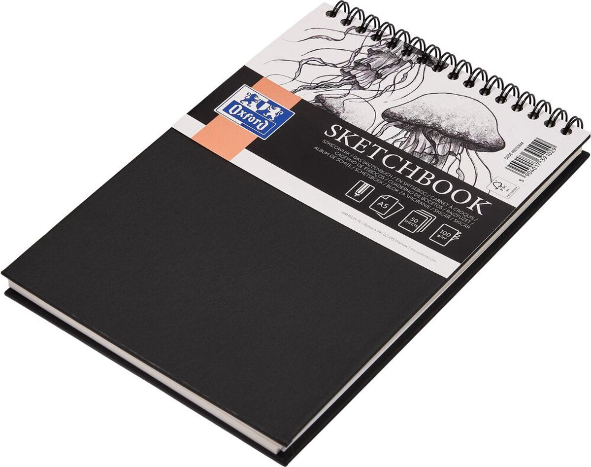 Oxford-Skizzenbuch – A5 – 50 Blatt – 100 g Papier – Doppelspirale – Hardcover – Schwarz