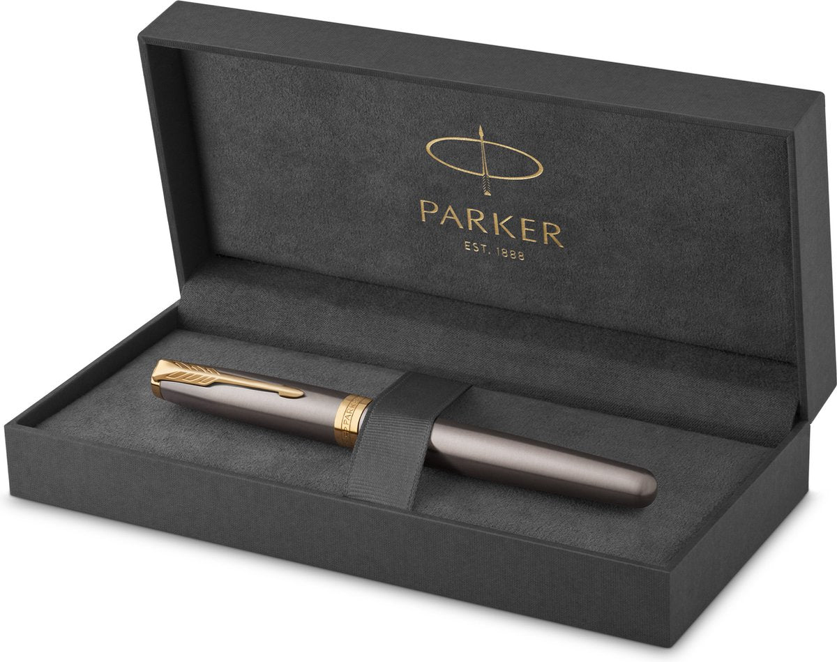 Parker Sonnet Tintenroller | graue Farbe mit goldenen Details | feine Edelstahlspitze | schwarze Tinte | Geschenkverpackung