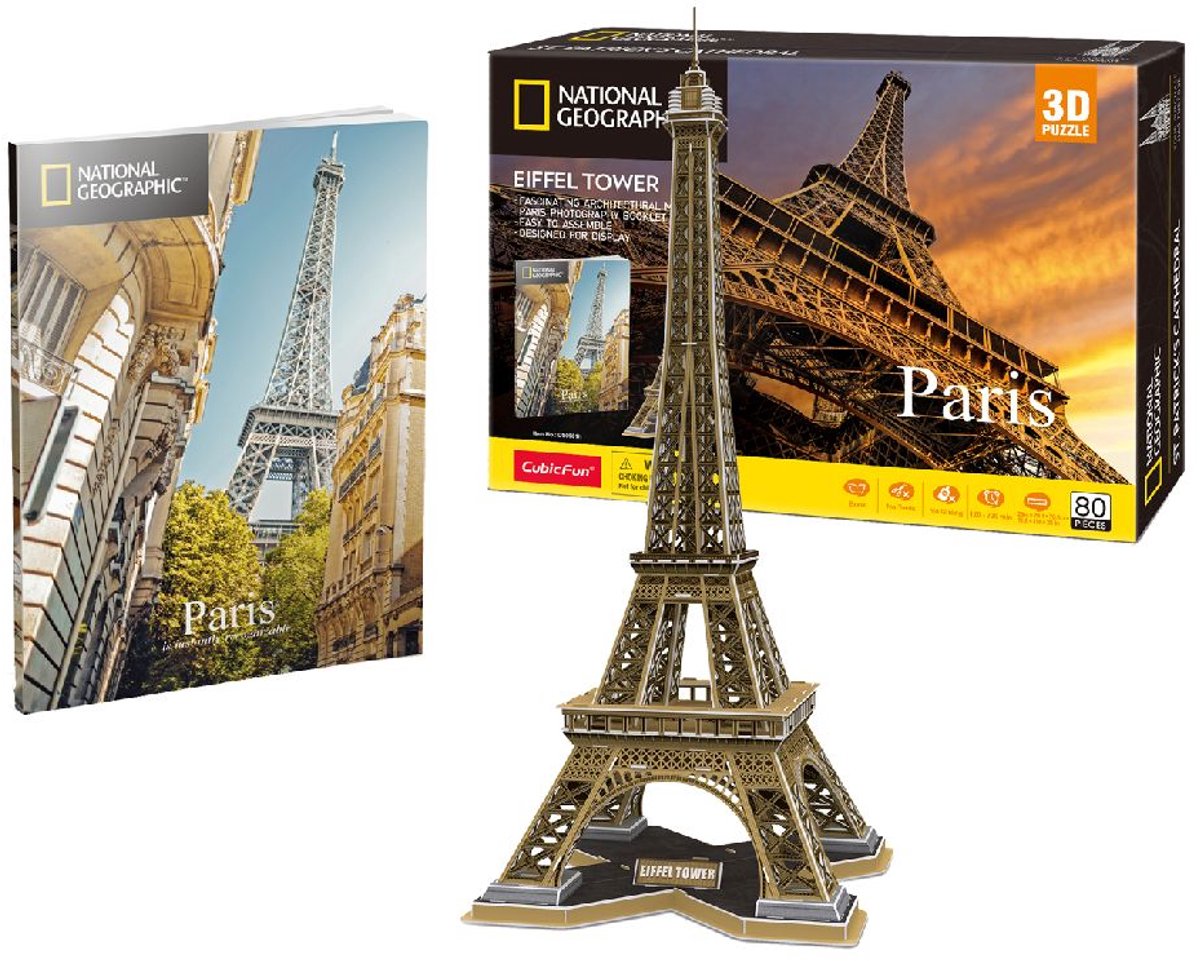 Kubisches, lustiges National Geographic 3D-Puzzle „Eiffelturm“ – 80 Teile – 70,9 cm hoch