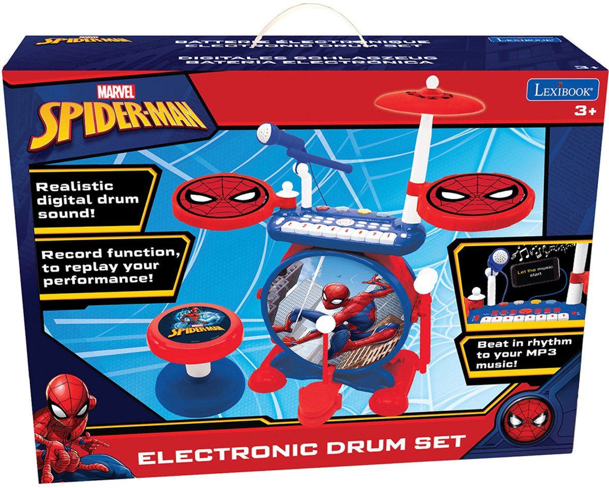Lexibook My Rock Band Spider-Man, komplettes elektronisches Leuchtschlagzeug mit Hocker