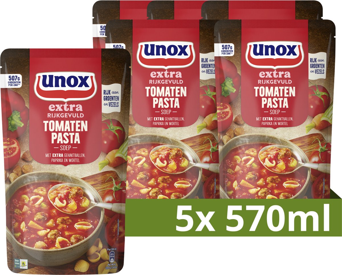 Unox - extra rijkgevuld soep in zak - tomaten pasta - 5 zakken x 570 ml