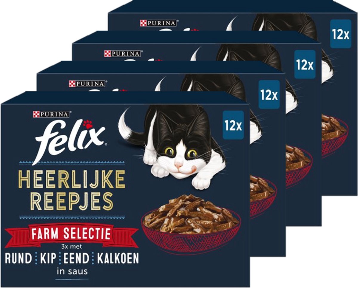 Felix Delicious Strips Farm Selection – Nassfutter für Katzen – Rind, Huhn, Ente, Truthahn – 48 x 80 g