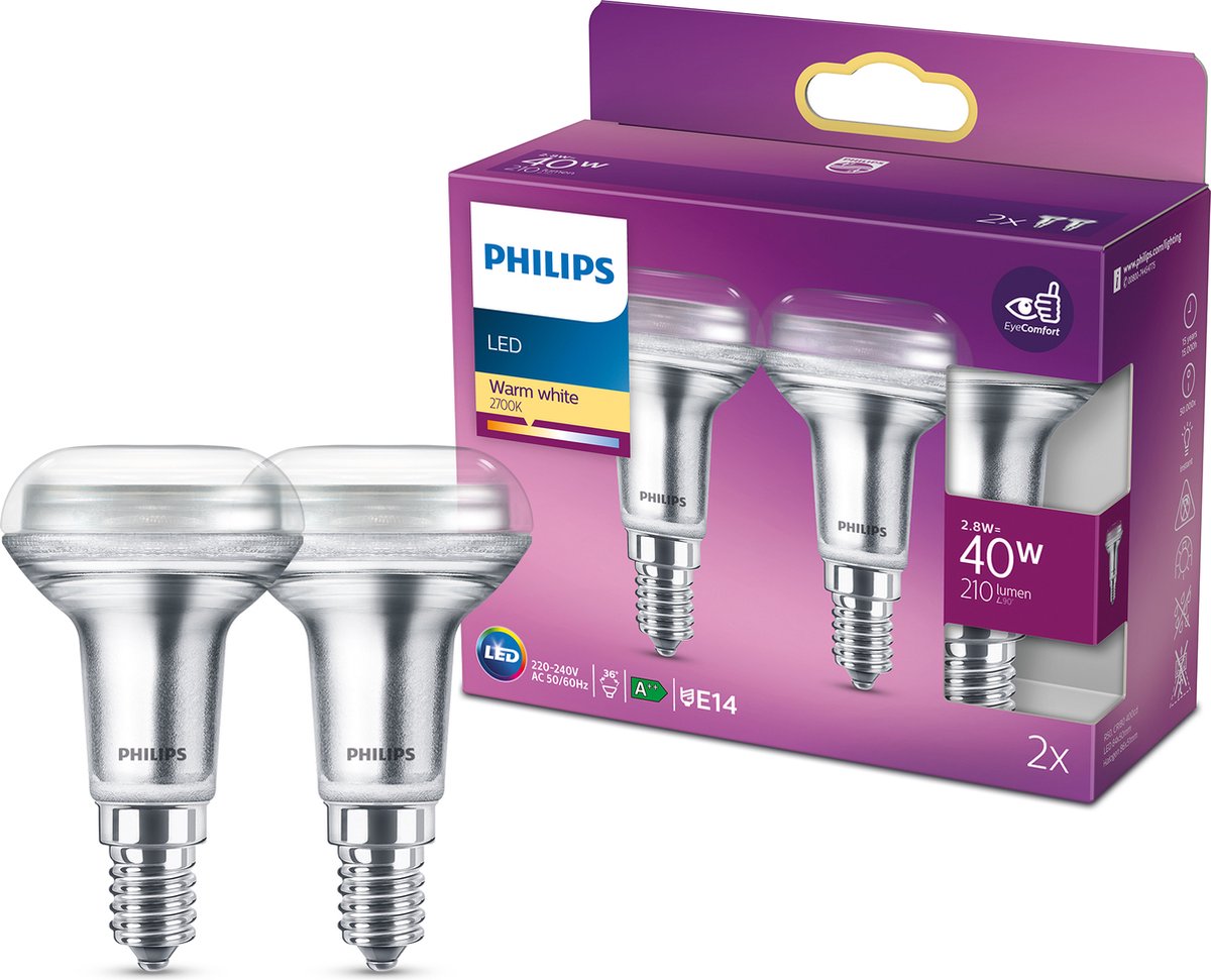 Philips led energiezuinige reflector - 40 w - e14 - warmwit licht - 2 stuks - bespaar op energiekosten