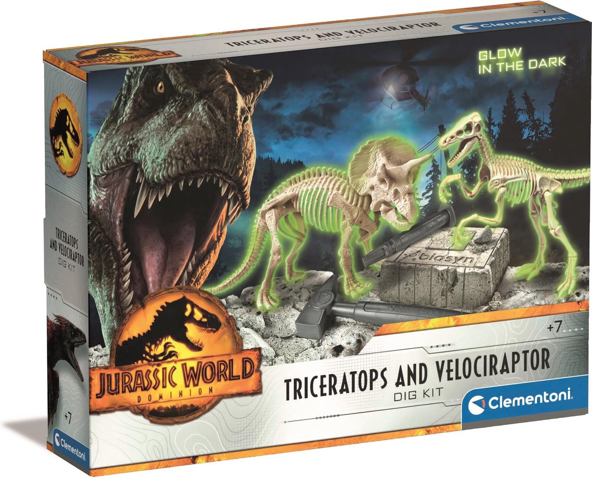 Clementoni Wissenschaftsspiel, Jurassic World – 3, Dinosaurier-Set, Triceratops und Velociraptor, 6+ Jahre, 19289