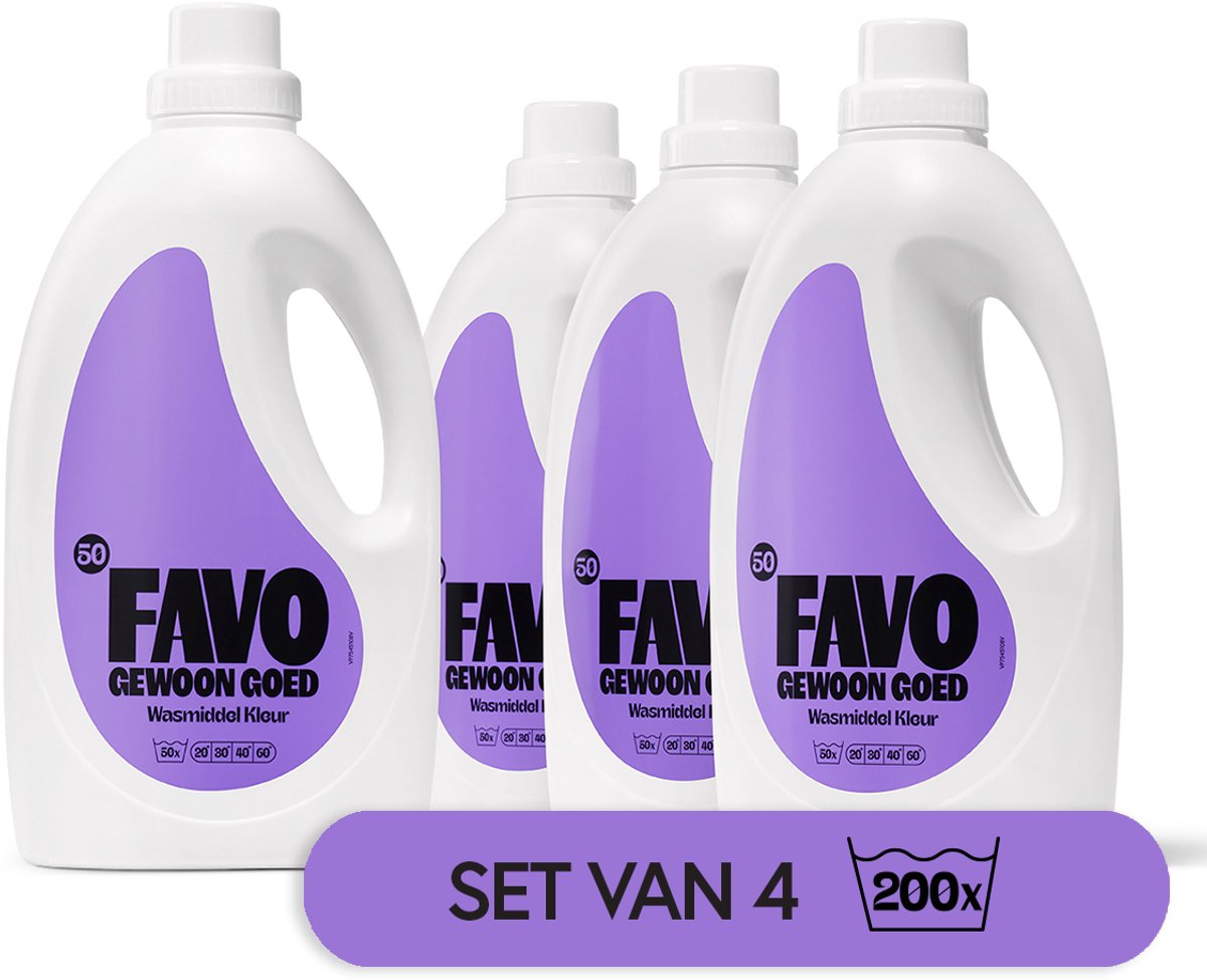 Favo gewoon goed favo vloeibaar wasmiddel - kleur - 4 x 50 = 200 wasbeurten - voor stralende kleuren - effectief vanaf 20 °c - voordeelverpakking