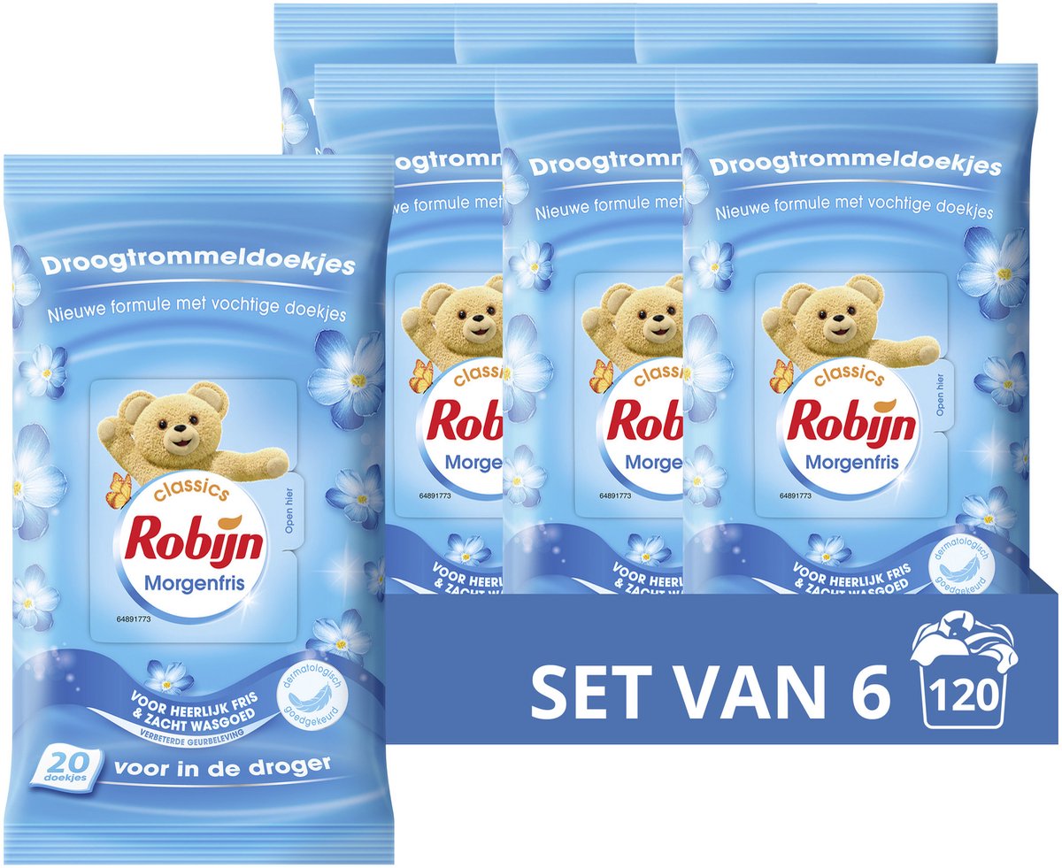 Robijn - droogtrommeldoekjes - morgenfris - beschermen kleuren en stoffen en helpen tegen statische kleding - 6 x 20 stuks