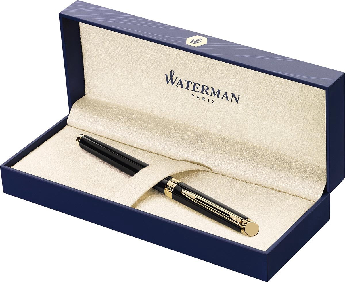 Waterman Hemisphère-Füllfederhalter | glänzendes Schwarz mit 23-karätigem Goldrand | feine Feder | blaue Tinte | Geschenkverpackung