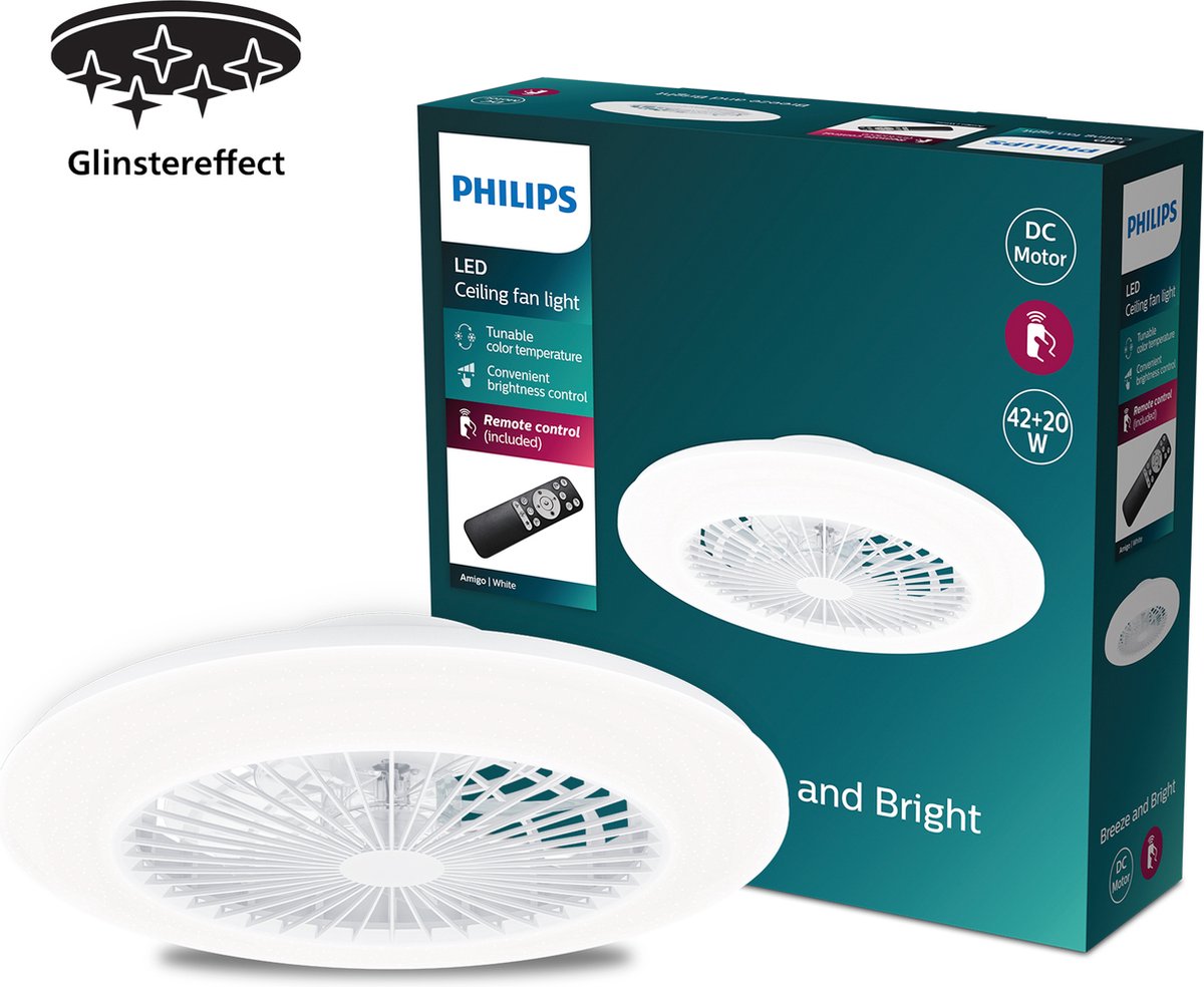 Philips led philips amigo ventilator - energiezuinige led verlichting - plafondlamp - instelbare kleurtemperatuur - 48,5 cm diameter -afstandsbediening - wit met glinstereffect