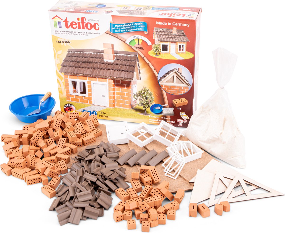 Teifoc® Baukasten – Fachwerkhaus – 200 Teile – echte Mini-Steine mit Zement, Schüssel und Kelle – Bausatz für Kinder ab 6 Jahren