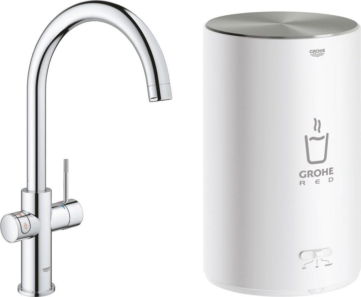 Grohe roter kompakter 3-in-1-Kochwasserhahn – C-Auslauf – 4-Liter-Boiler – Chrom