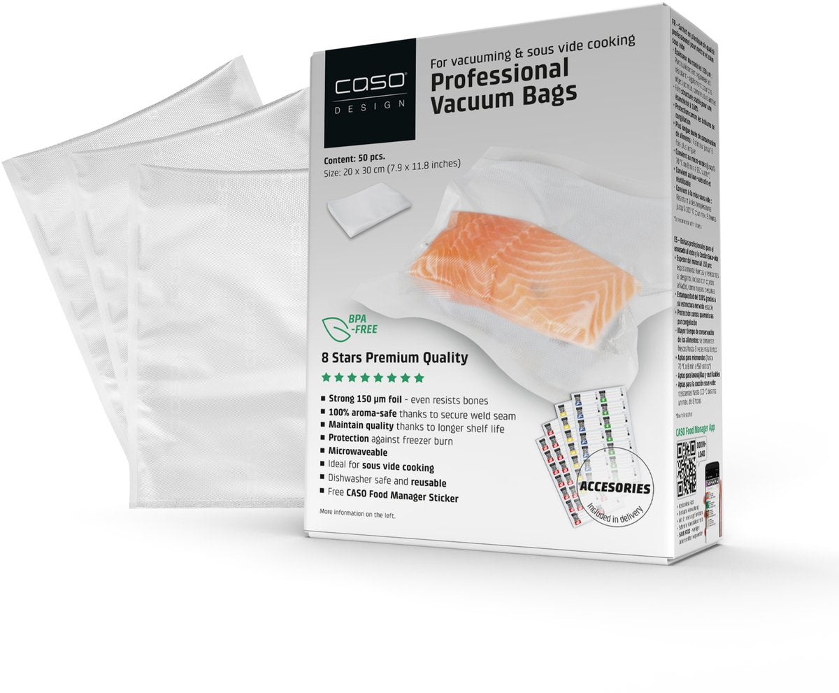 Caso Design Caso 1219 Vakuumbeutel – 20 x 30 cm – 50 Stück – kochfest, sehr reißfest – geeignet für Sous-Vide und Mikrowelle