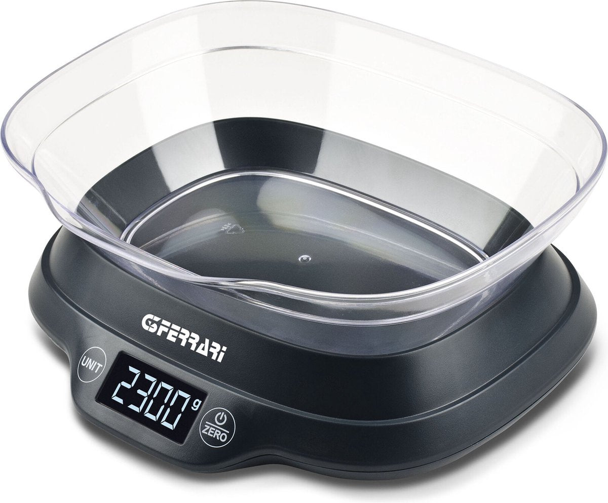G3 Ferrari Ginny – digitale Küchenwaage mit Schüssel – max. 5 kg – LCD-Display mit Beleuchtung – Tara-Funktion – g lb:oz – Abschaltautomatik – Schwarz
