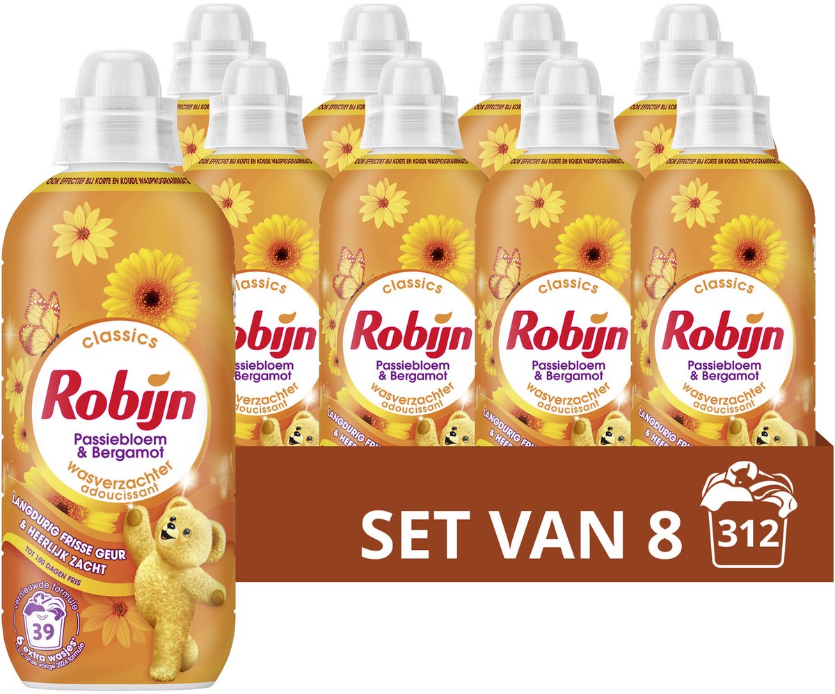 Robijn - wasverzachter - passiebloem bergamot - 8 flessen - 312 wasbeurten - voordeelverpakking