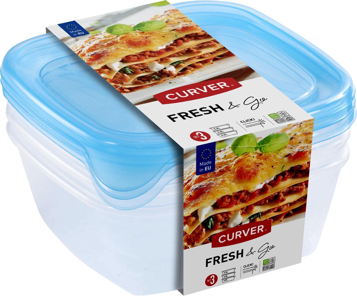 Curver Fresh-Go-Lebensmittelbehälter mit Deckel – 3 x 0,8 Liter – 3 Stück – transparentes Blau