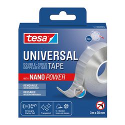 Tesa Nano-Klebeband, transparent, doppelseitig, abnehmbar, wiederverwendbar, wetterfest – 3 m x 30 mm