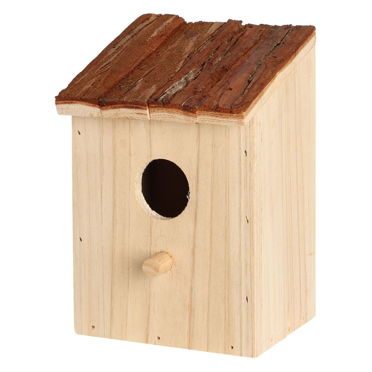 Vogelhaus aus Holz mit braunem Dach