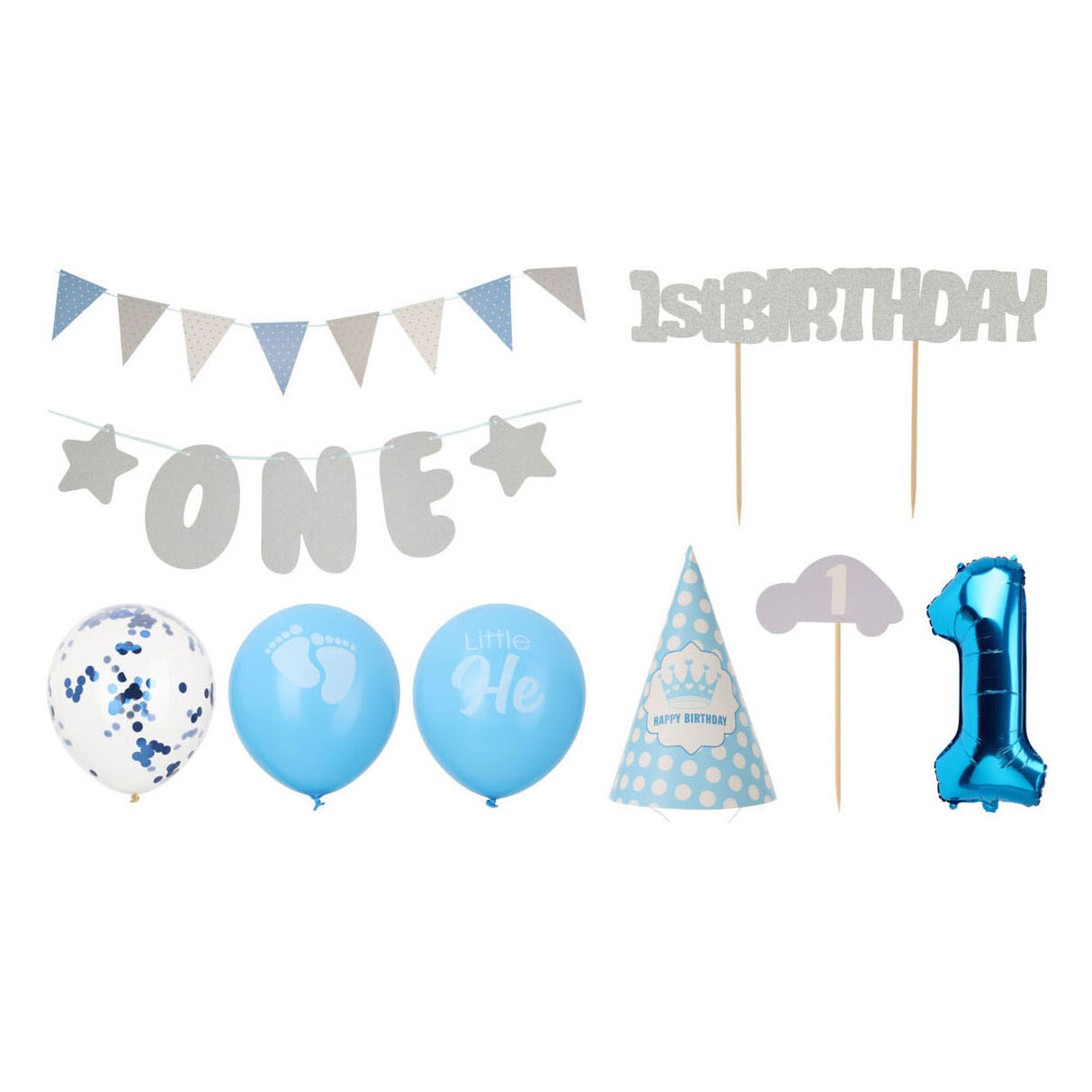 1. Geburtstagsparty-Dekorationsset – blauer Junge, 9-teilig.