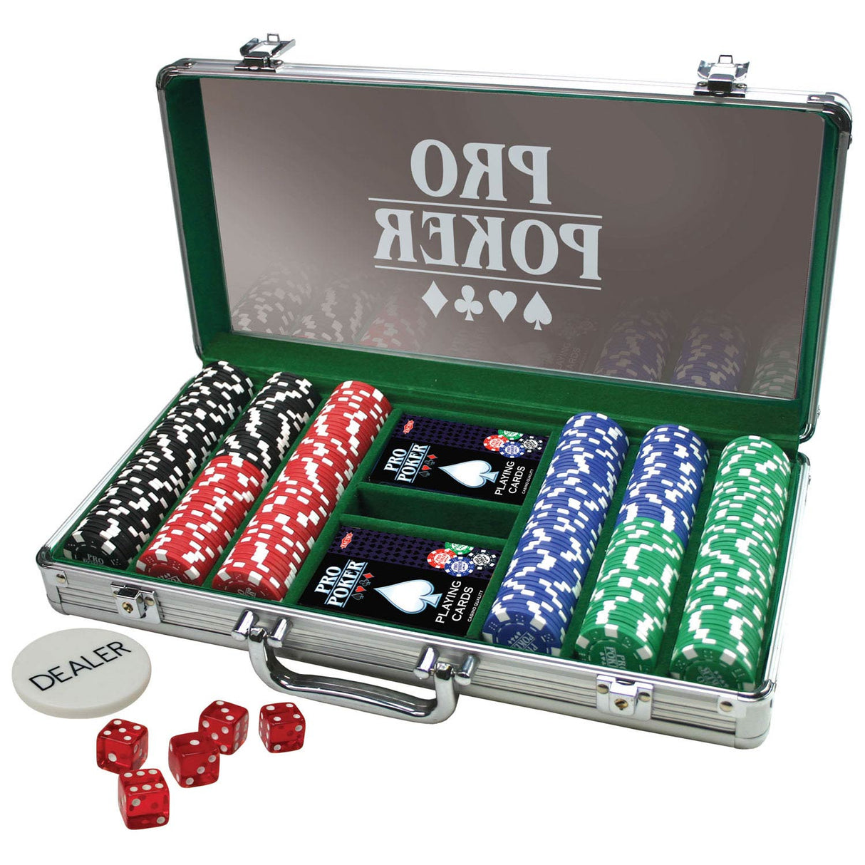 Tactic Pro Pokerset – Pokerset – Luxus-Aluminiumkoffer – 300 Chips à 11,5 Gramm – inklusive Karten, Würfel und Dealer-Button – ab 14 Jahren