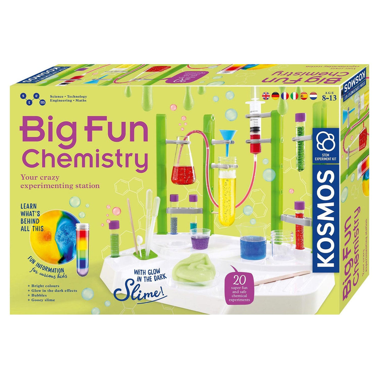 Kosmos Big Fun Chemie – Experimentierset – 17-teilig – 20 Experimente – inklusive im Dunkeln leuchtendem Schleim – Chemielabor