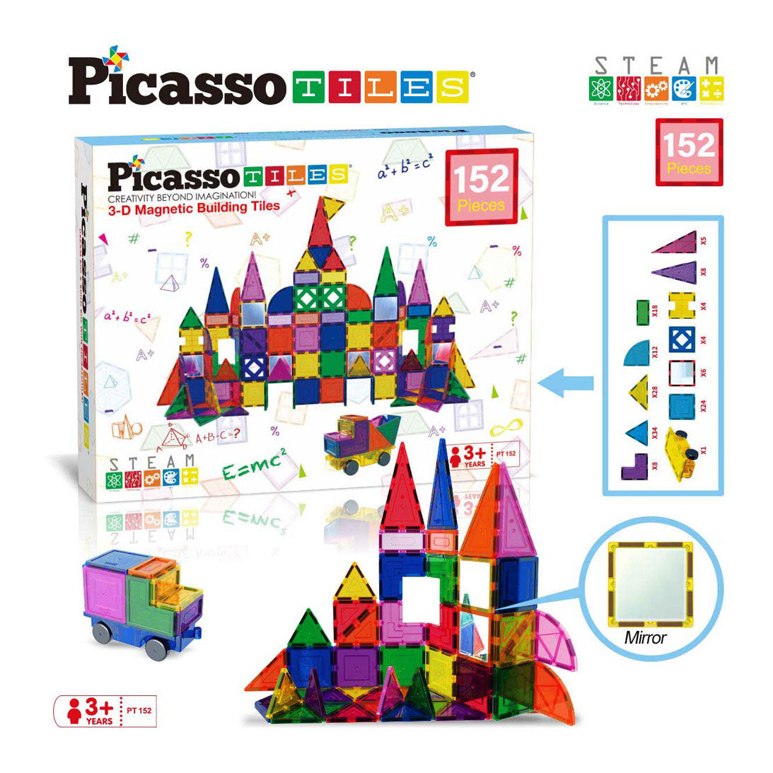 Picasso-Fliesen-Taktik – Konstruktionsspielzeug – Magnetfliesen – Magnetplättchen – Blöcke und Spiegel-Set – Stielspielzeug – kreatives Bauspielzeug – 152 Teile – ab 3 Jahren