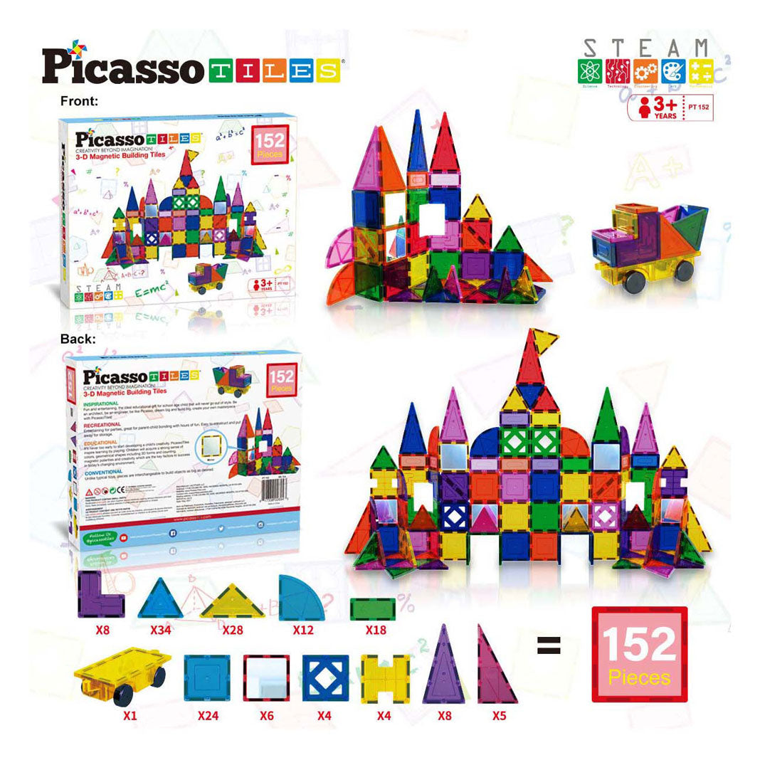 Picasso-Fliesen-Taktik – Konstruktionsspielzeug – Magnetfliesen – Magnetplättchen – Blöcke und Spiegel-Set – Stielspielzeug – kreatives Bauspielzeug – 152 Teile – ab 3 Jahren