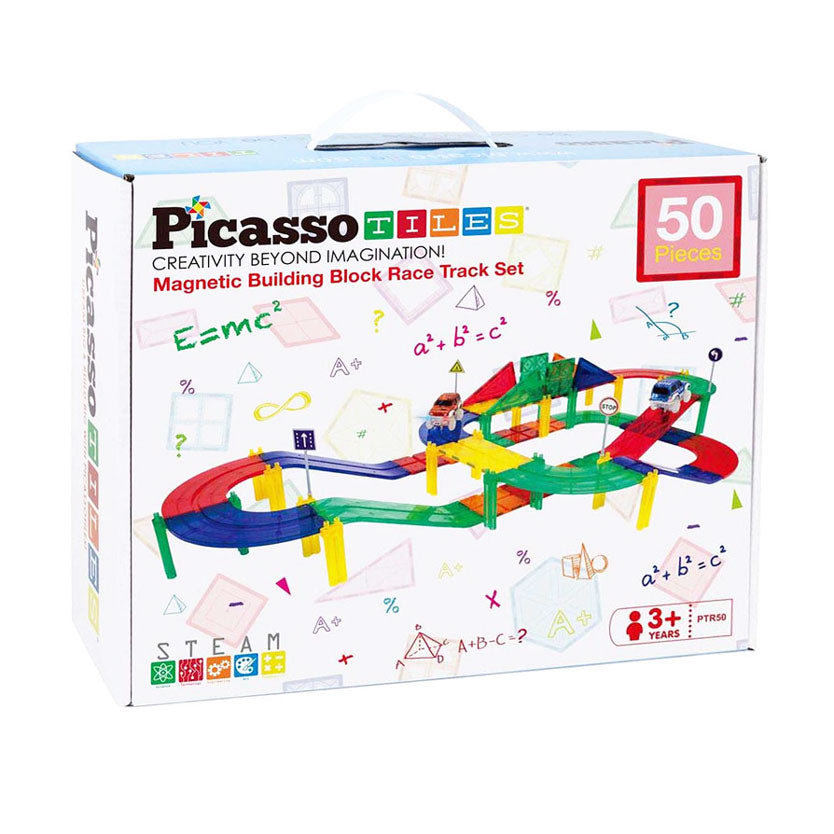 Picasso-Plättchen Taktik – Konstruktionsspielzeug – Magnetplättchen – Magnetplättchen – Rennstrecke – Stielspielzeug – Magnetische Rennstrecke mit 2 LED-Autos – 50 Stück – ab 3 Jahren