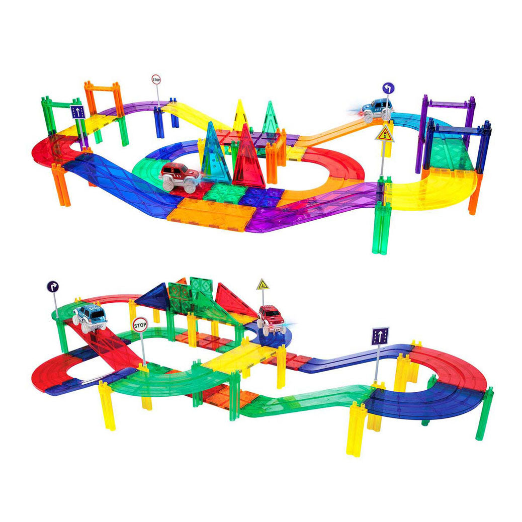 Picasso-Plättchen Taktik – Konstruktionsspielzeug – Magnetplättchen – Magnetplättchen – Rennstrecke – Stielspielzeug – Magnetische Rennstrecke mit 2 LED-Autos – 50 Stück – ab 3 Jahren