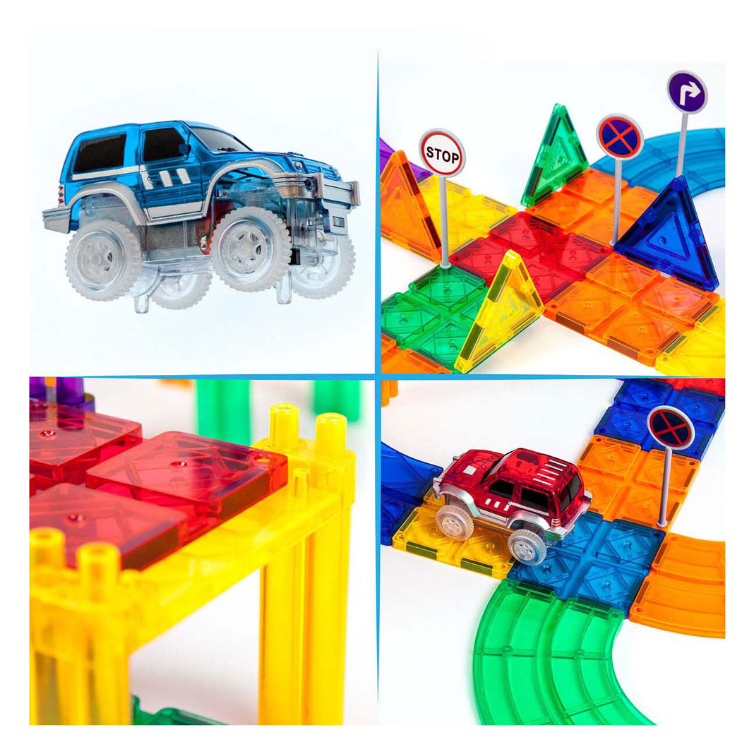 Picasso-Plättchen Taktik – Konstruktionsspielzeug – Magnetplättchen – Magnetplättchen – Rennstrecke – Stielspielzeug – Magnetische Rennstrecke mit 2 LED-Autos – 50 Stück – ab 3 Jahren