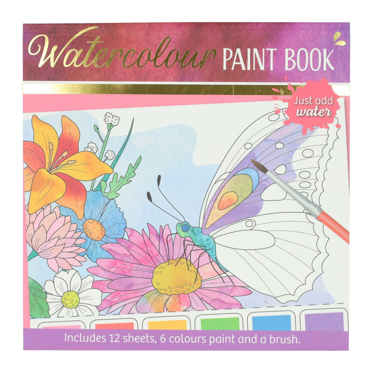 Wins Holland Aquarell-Malblock für Erwachsene – Schmetterlinge und Blumen – inklusive Pinsel und 6 Aquarellfarben