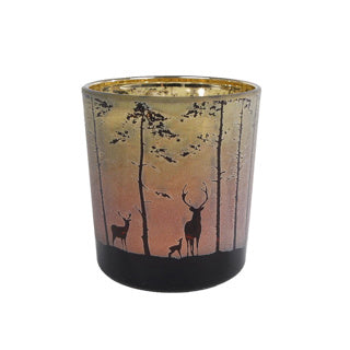No brand Teelichthalter Wald mit Bild eines Hirsches aus waldgrün rotem Glas 7,5x7,5x8cm