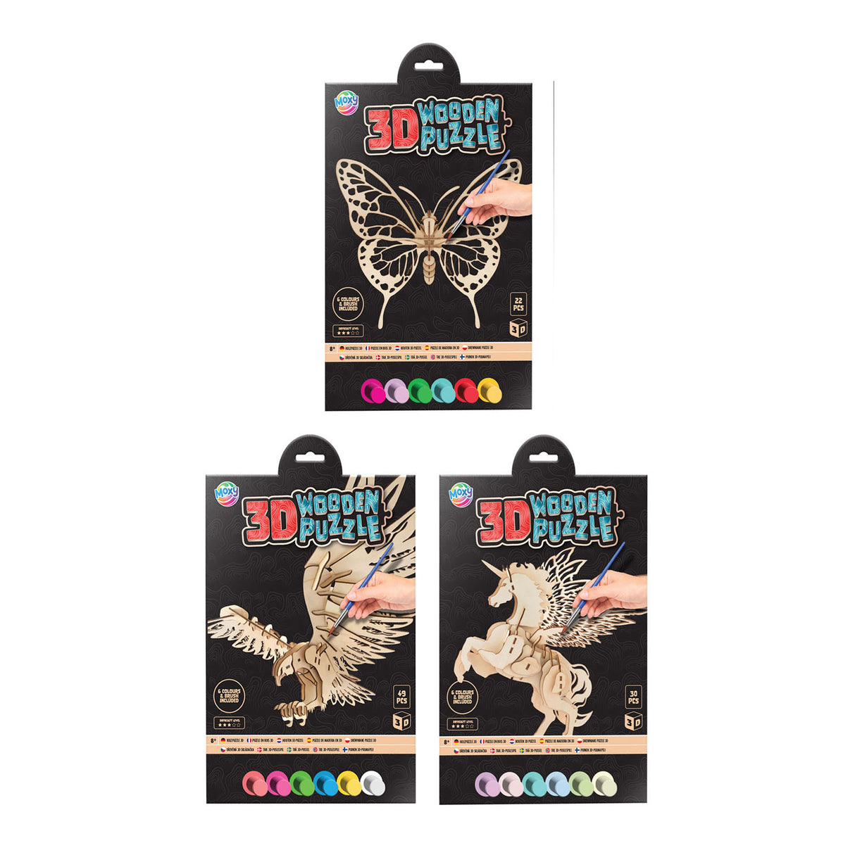 Kreative Bastelgruppe 3D-Puzzletier aus Holz mit Farbe und Pinsel
