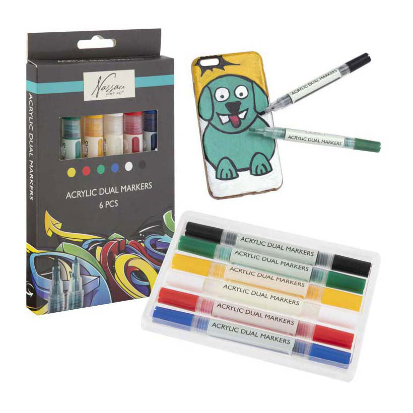 Nassau Fine Art professionelle Acrylmarker | 6 verschiedene Farben | Doppelmarker | geeignet für Steine – Schuhe – Glas – Kunststoff – Holz – Kleidung